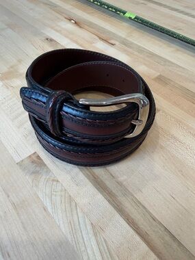 Johnston & Murphy Two-Tone Brown and Black Leather Belt with Silver Buckle